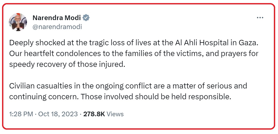 ಆಸ್ಪತ್ರೆಯ ಮೇಲೆ ಬಾಂಬ್ ಸುರಿಸಿ ಜನರ ಕಗ್ಗೋಲೆ ಮಾಡಿದ ಇಸ್ರೇಲ್ - ಪ್ರಧಾನಿ ಮೋದಿ ಖಂಡನೆ | Prime Minister Modi condemns Israel for massacring people by bombing a hospital